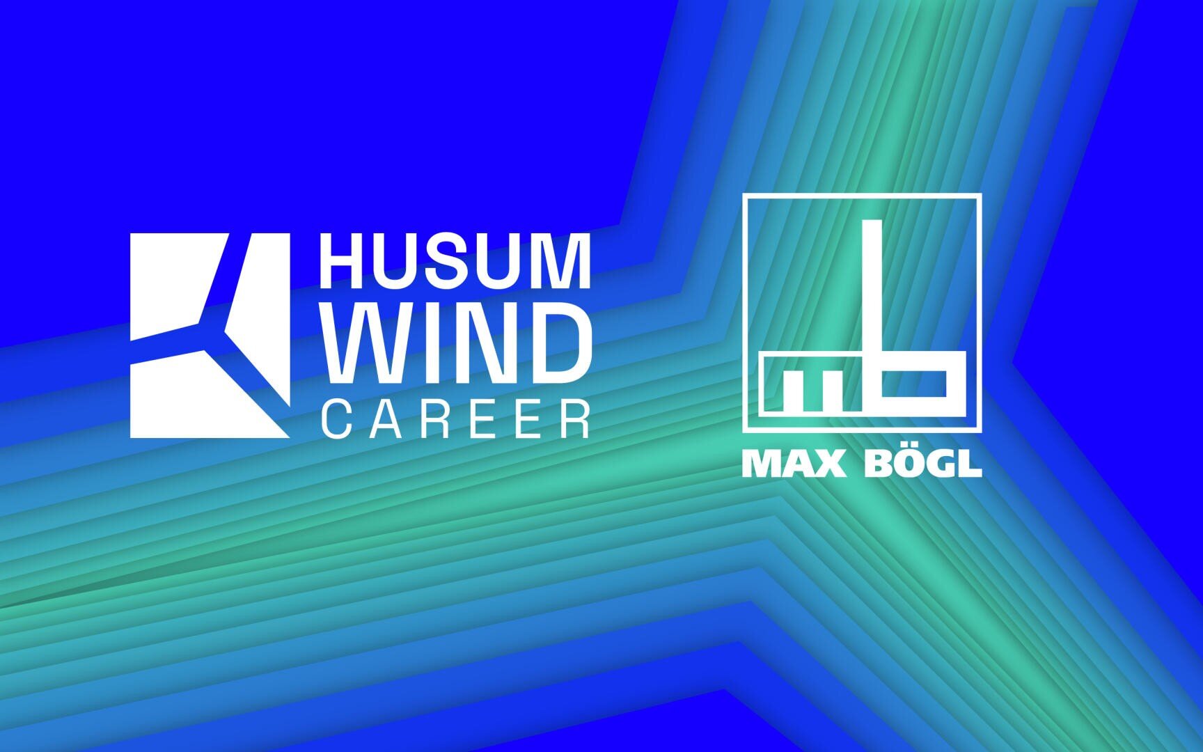 White logos of Husum Wind Career and Max Bögl on a blue background with green diagonal lines forming an abstract pattern.