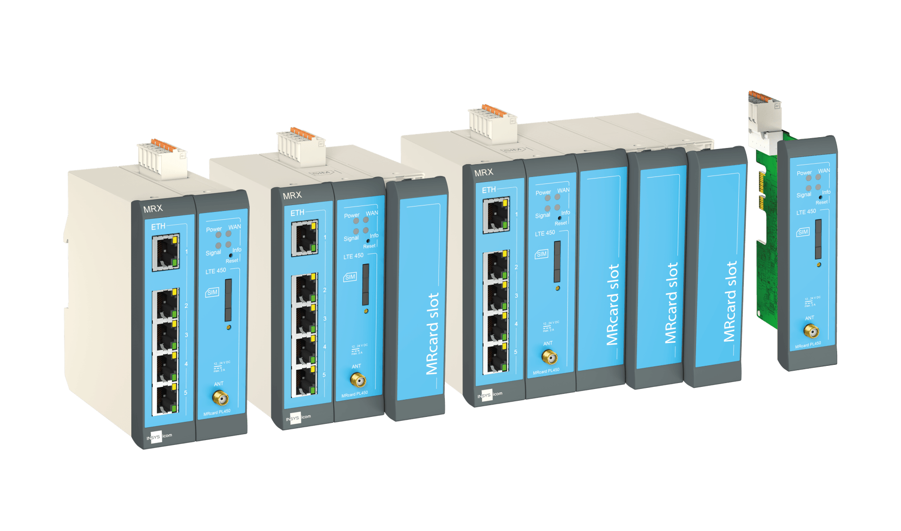 Fünf industrielle Netzwerkgeräte mit blauen Frontplatten, beschriftet mit MCard-Slot, mit mehreren Ethernet-Ports und Anzeigeleuchten, sind in einer Reihe angeordnet, wobei ein Gerät teilweise entfernt wurde, um seine Seite zu zeigen.