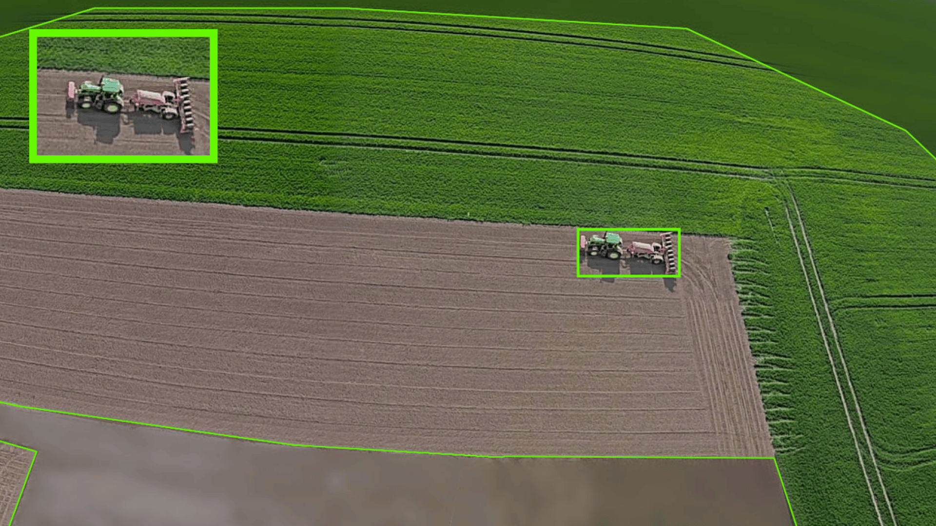 Aerial view of a tractor working on a plowed field, highlighted with a green box. An inset shows a zoomed-in view of the tractor, also outlined in green, with surrounding crops visible.