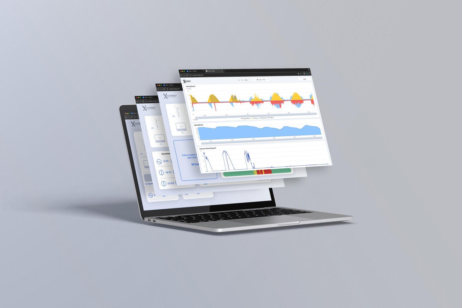 A laptop with three floating, overlapping data dashboard screens showing graphs, charts and analytics on a light gray background.