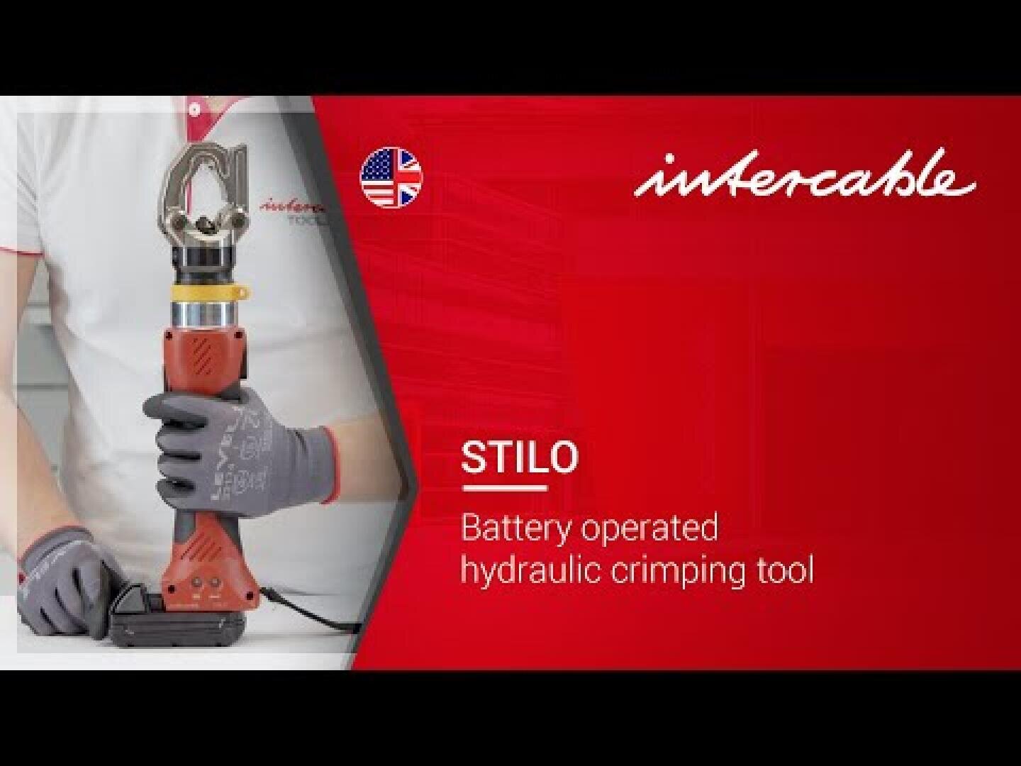 A person wearing gloves holds a battery-operated hydraulic crimping tool labeled STILO by Intercable. The image features a red background with product branding and a US flag icon.