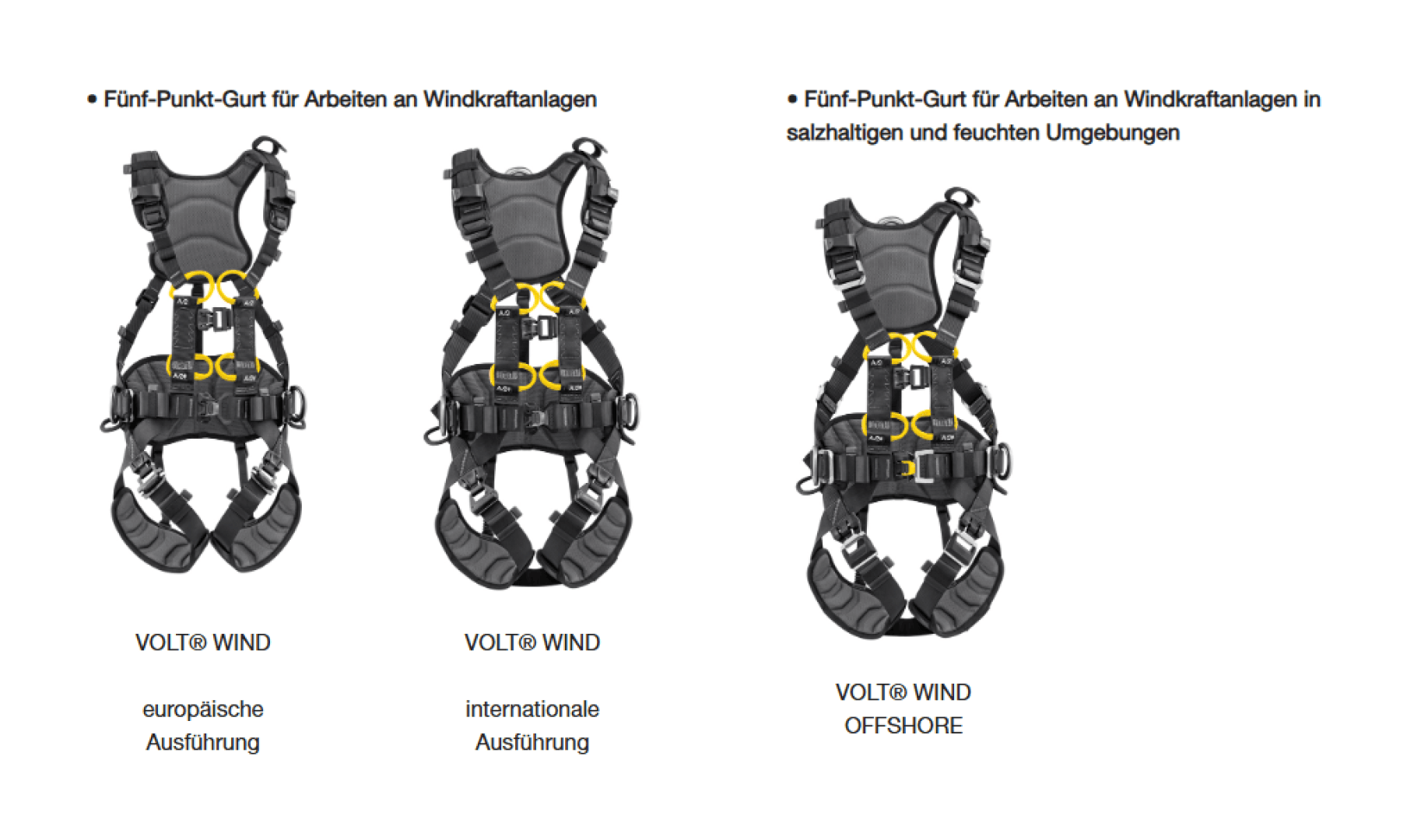 Abgebildet sind drei schwarze Fünf-Punkt-Sicherheitsgurte für Arbeiten an Windkraftanlagen. Der erste ist als europäische Version gekennzeichnet, der zweite als internationale Version und der dritte als OFFSHORE für den Einsatz in salzhaltigen und feuchten Umgebungen.