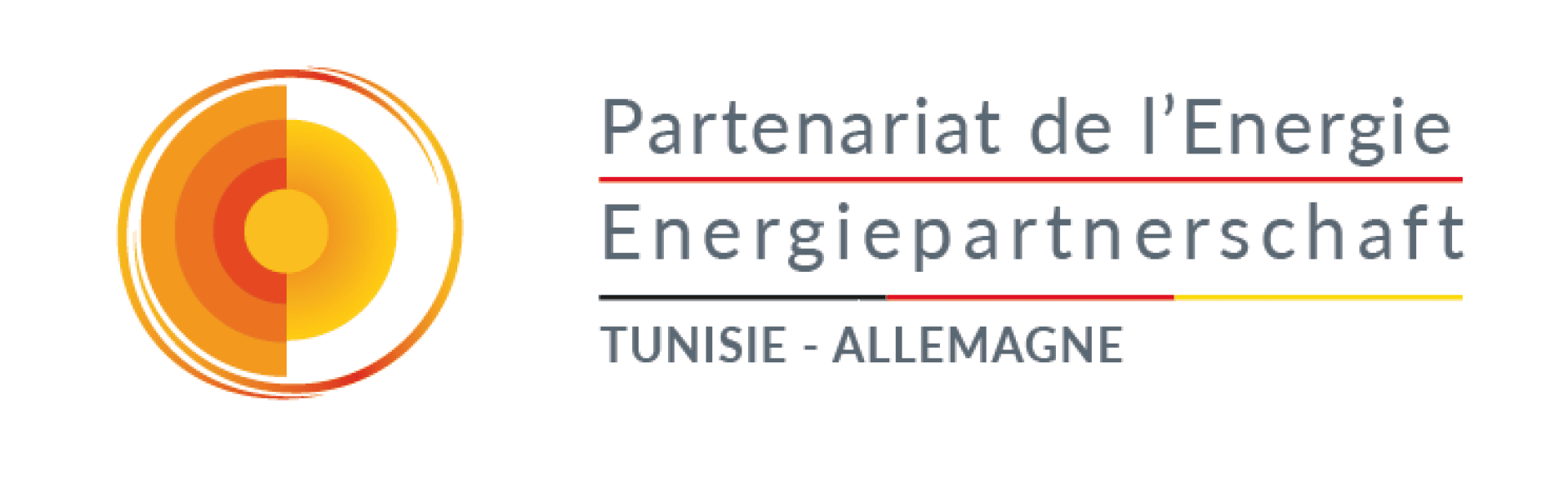 Logo mit konzentrischen orangefarbenen und gelben Kreisen auf der linken Seite und dem Text Partenariat de l'Energie Energiepartnerschaft TUNISIE - ALLEMAGNE auf der rechten Seite, mit schwarzen, roten und gelben Linien darunter.