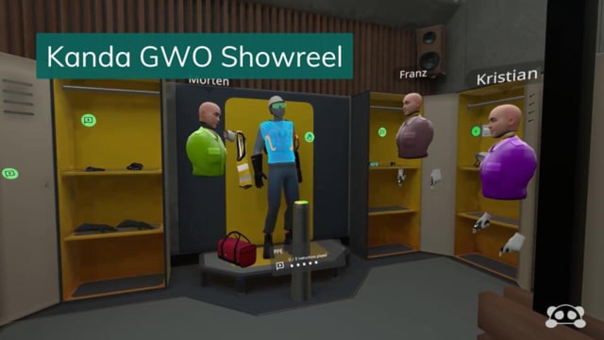 A virtual locker room scene with mannequins labeled Morten, Franz, and Kristian. A central figure stands on a platform, surrounded by lockers, colorful clothing, and a red duffel bag. Text reads Kanda GWO Showreel.