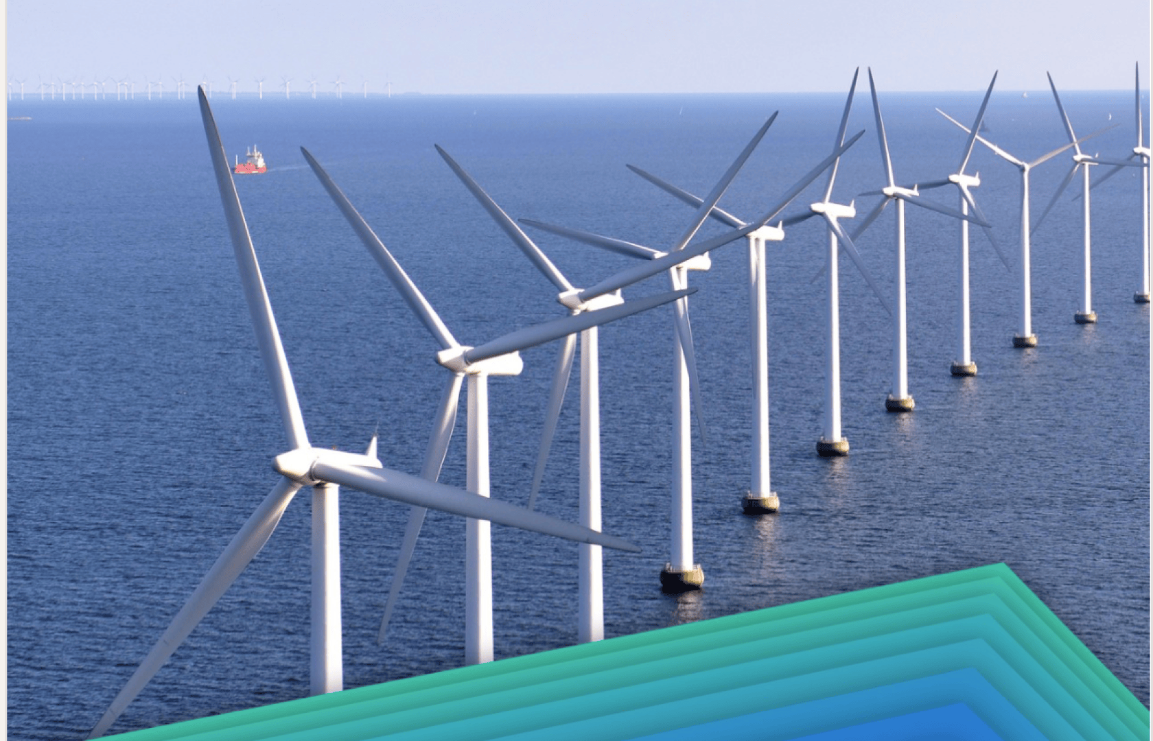 Rows of large white wind turbines stand in the ocean, generating renewable energy. In the distance, a red ship is visible on the water. The foreground shows a geometric blue and green graphic element.