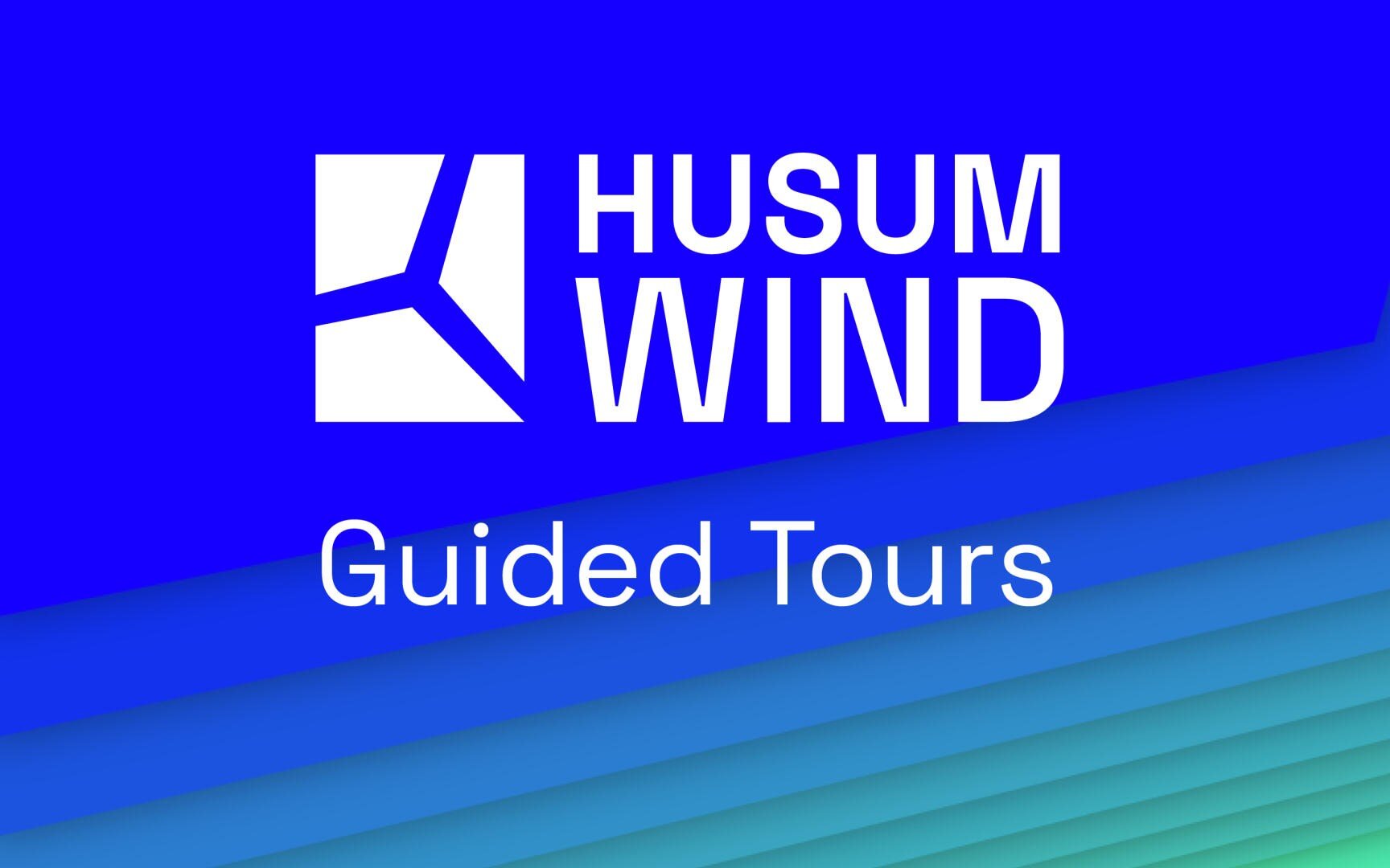 Husum Wind logo with a wind turbine graphic, bold white text HUSUM WIND and Guided Tours on a blue and blue-green geometric background.