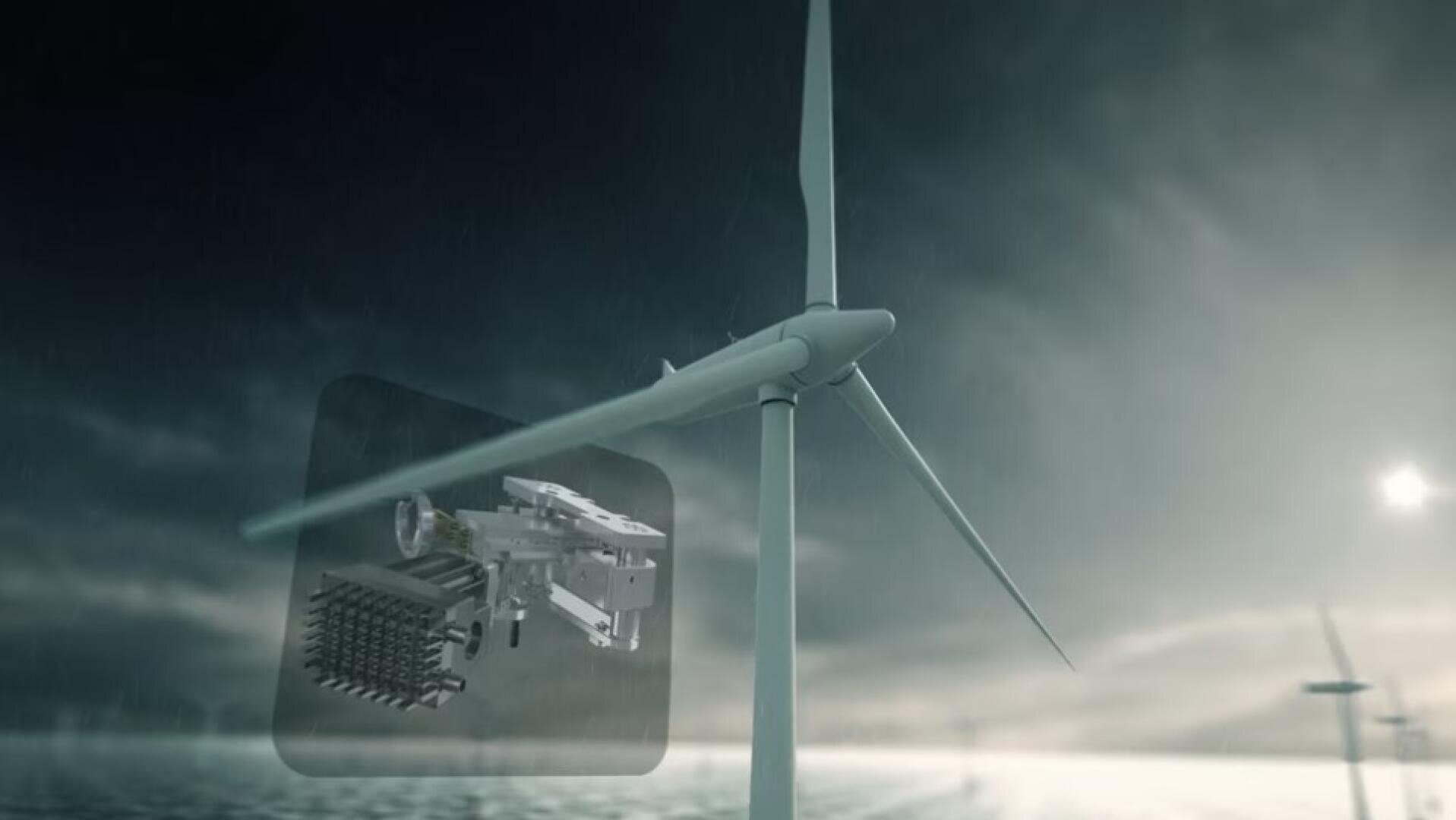 Eine große Windkraftanlage steht an einem bewölkten Tag über dem Wasser. Ein Overlay zeigt ein transparentes technisches Diagramm der internen Komponenten der Turbine. Im Hintergrund sind andere Turbinen zu sehen.