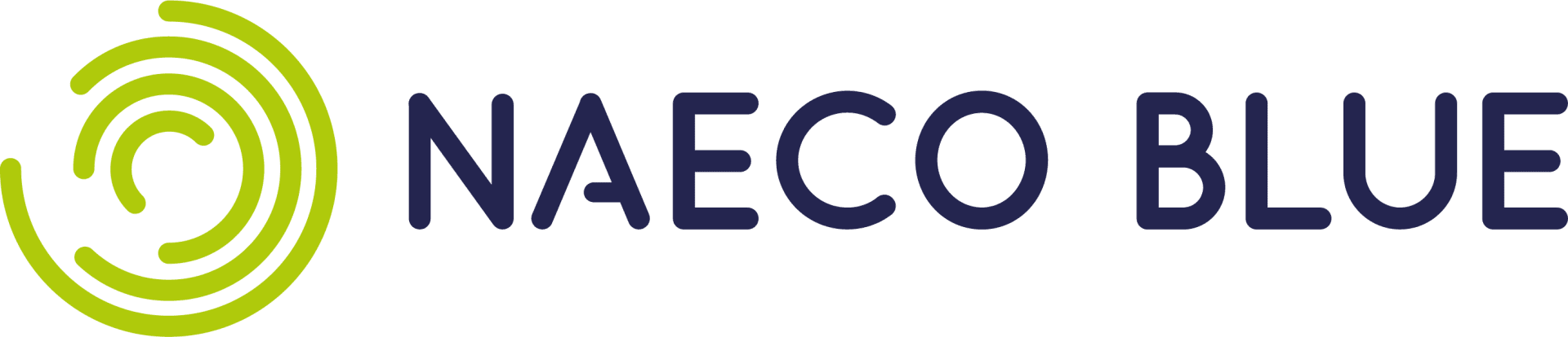 Logo für NAECO BLUE mit stilisiertem gelb-grünem kreisförmigen Wirbeldesign auf der linken Seite und dunkelblauem Text auf der rechten Seite.