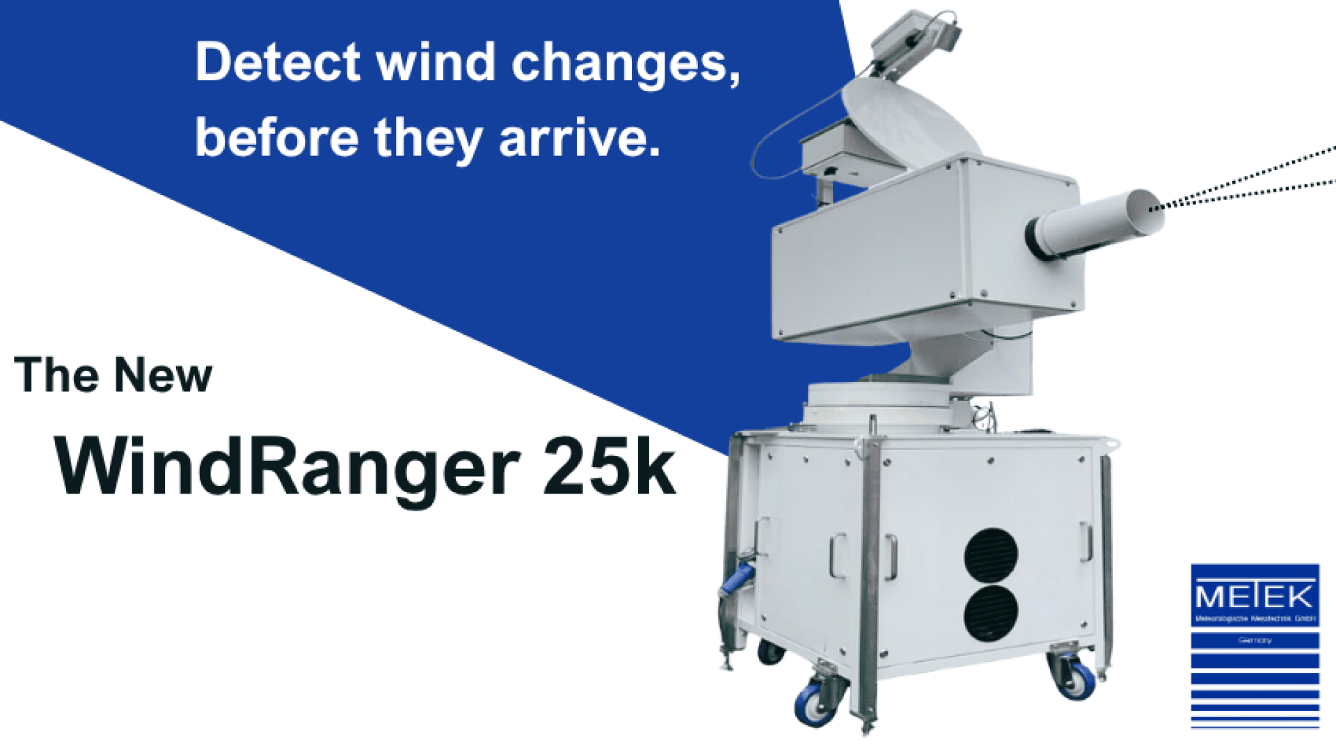 A white, box-shaped anemometer with a rotating sensor is shown on wheels. The text reads: Detect wind changes before they arrive. The new WindRanger 25k. The MEIEK company logo appears in the corner.