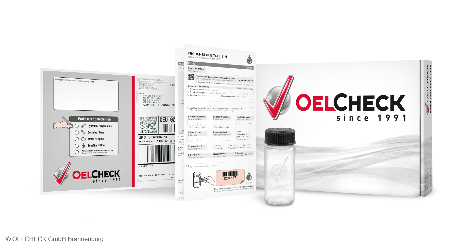 Das OELCHECK-Analyseset besteht aus einem Markenkarton, einer Gebrauchsanweisung, einem Probengefäß und einem Versandetikett und wurde für die einfache und zuverlässige Entnahme von Öl- oder Flüssigkeitsproben und für Laboruntersuchungen entwickelt.
