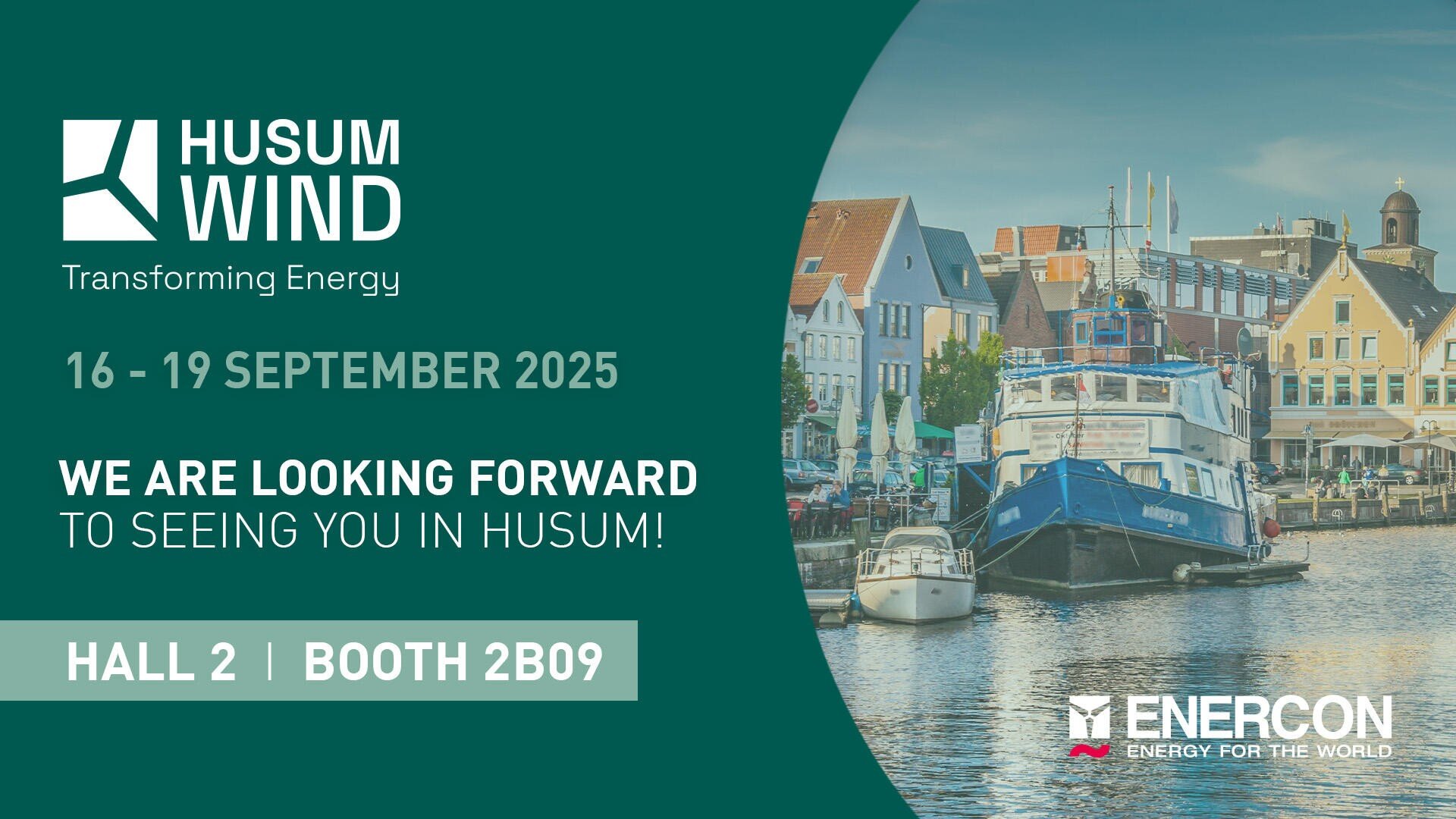 Promotional graphic for Husum Wind 2025, showing event dates (16-19 September 2025), location details (Hall 2, Booth 2B09), and a waterfront scene in Husum with colorful buildings and docked boats.