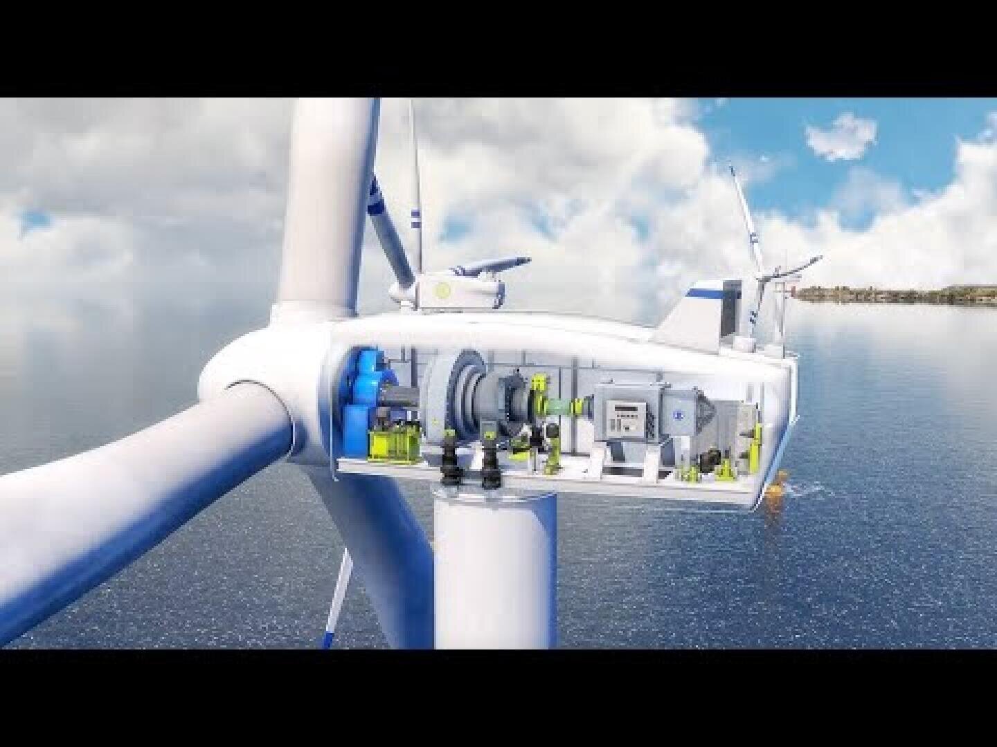 A cutaway illustration of an offshore wind turbine shows internal machinery and components, including gears and electrical systems, with the ocean and sky in the background.