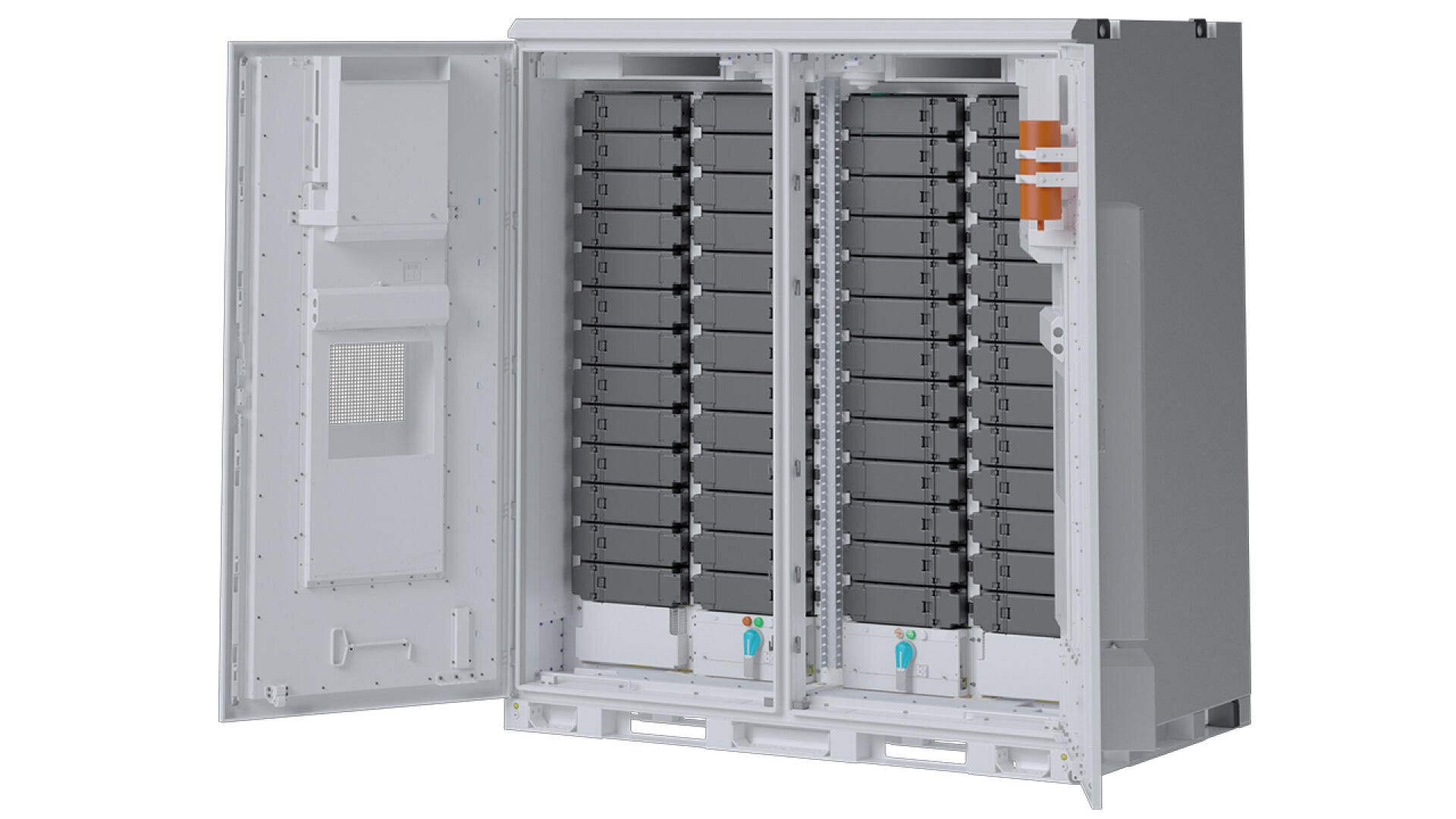 A large, gray control cabinet with the door open, containing two vertical rows of black battery modules and several orange connectors.