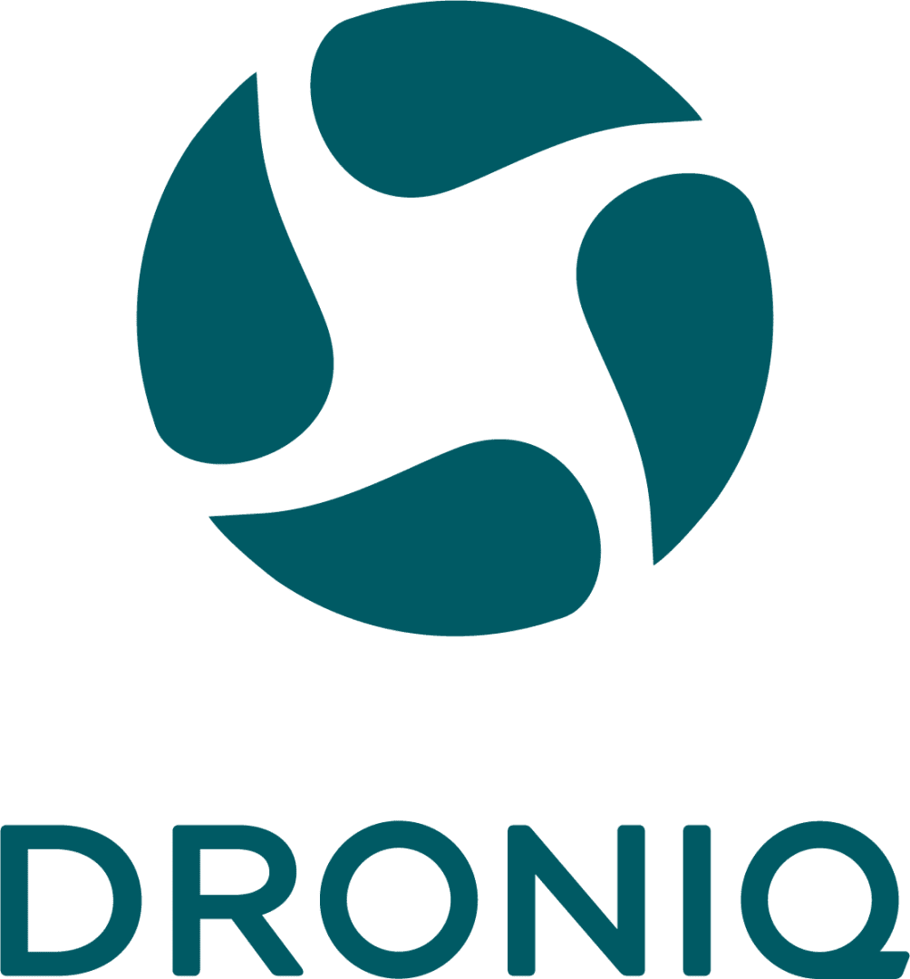 Teal-colored, circular logo with three curved, leaf-like shapes inside, reminiscent of a spinning propeller. The word DRONIO appears in bold capital letters below the symbol.