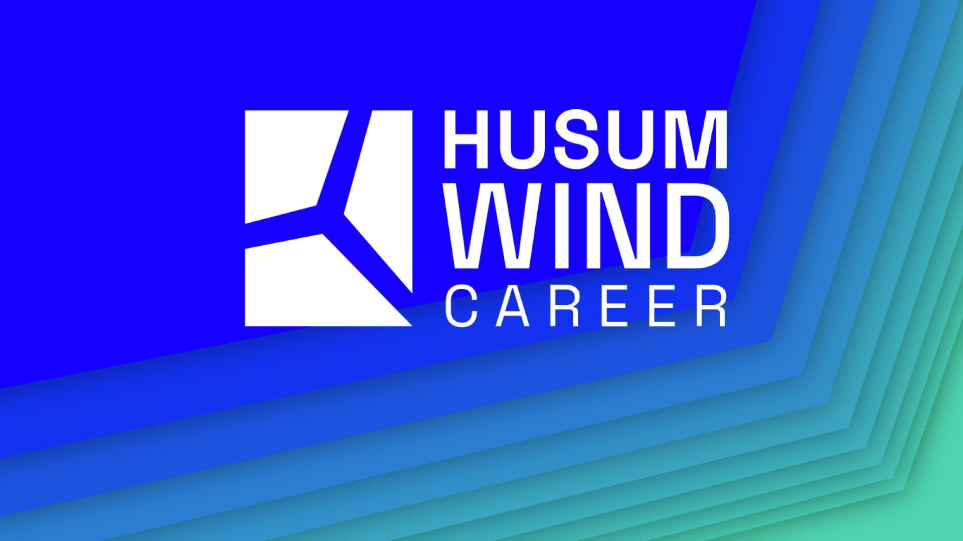 Logo for Husum Wind Career with a white wind turbine symbol on a blue background with a color gradient of blue and blue lines in the corners. The text "Husum Wind Career" appears in bold white letters.