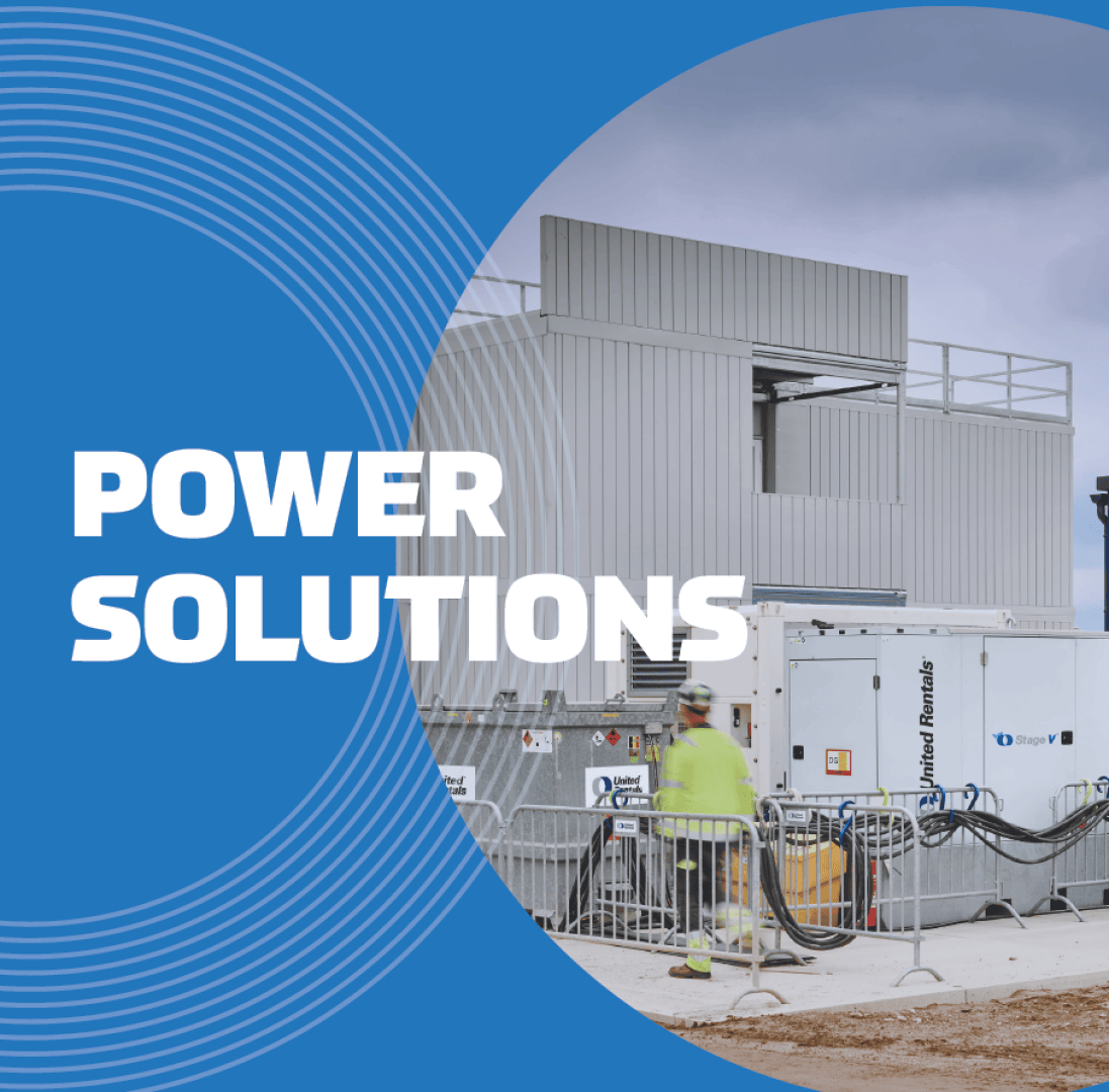 A modern industrial power unit and equipment are set up outdoors with a worker in a safety vest nearby. Large text on the left reads “POWER SOLUTIONS” over a blue background with circular lines.