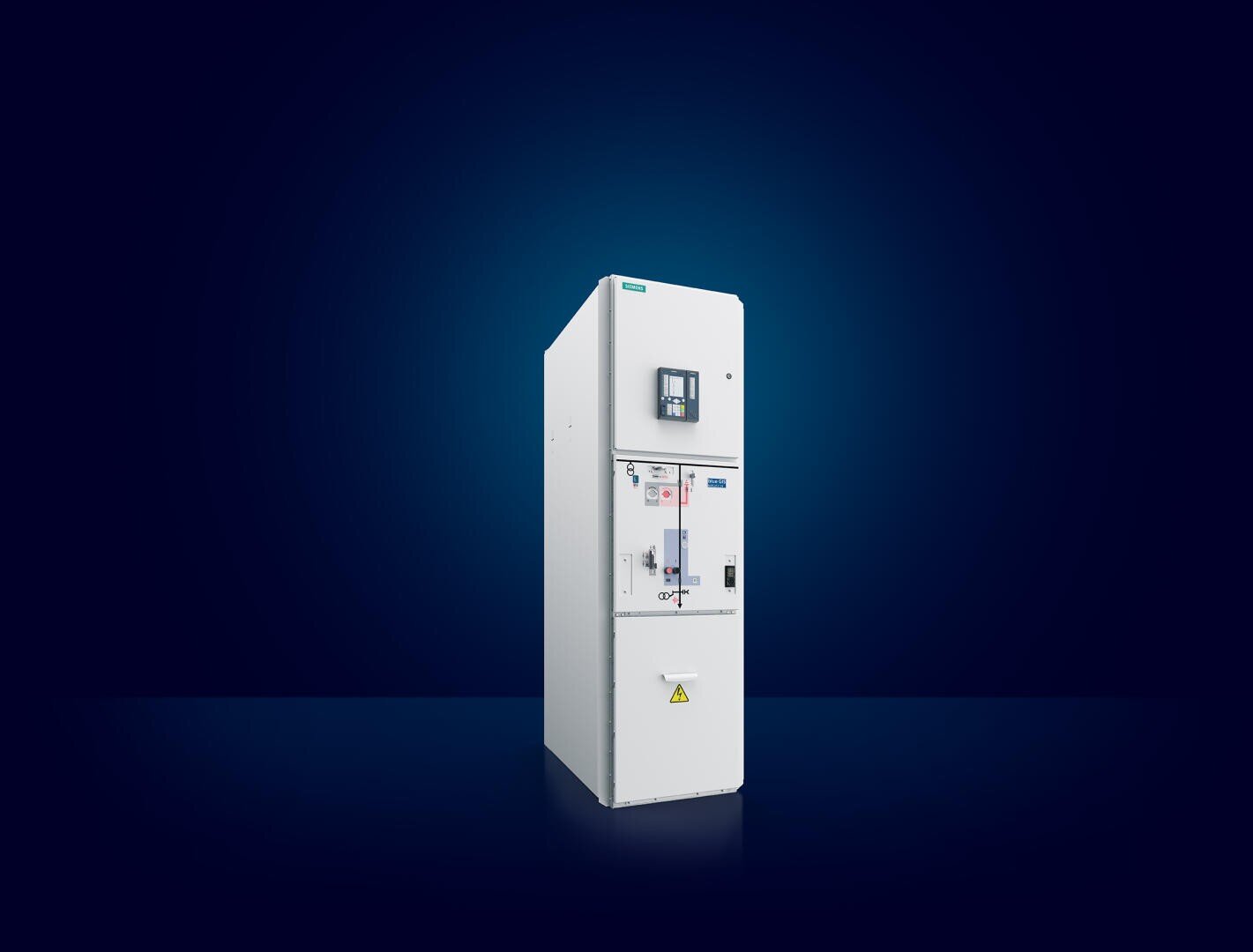 A white electrical switchgear unit stands alone against a dark blue gradient background, featuring a control panel and warning label on its front.