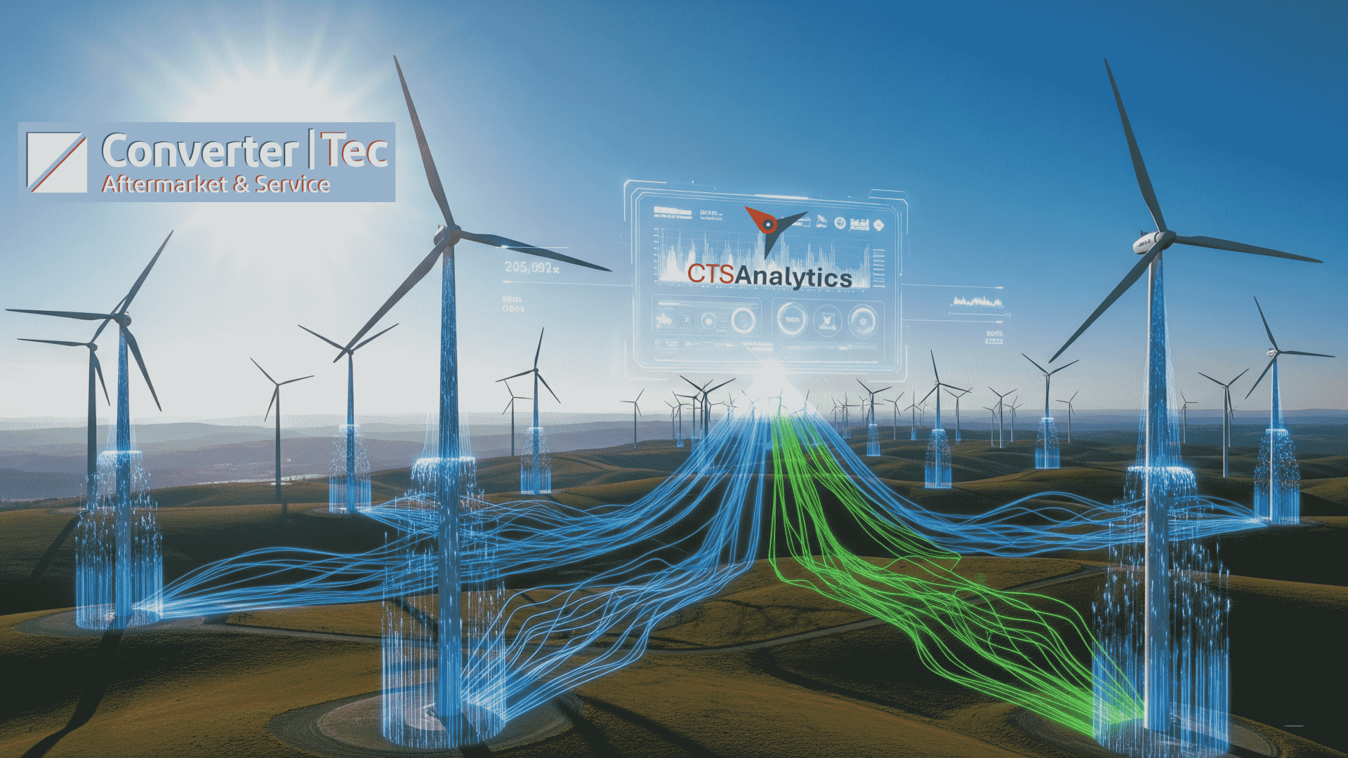 Digital rendering of a wind farm with virtual data streams connecting the turbines, futuristic interface overlays and logos for ConverterTec and CTS Analytics in the sky. The landscape is sunny with rolling hills.