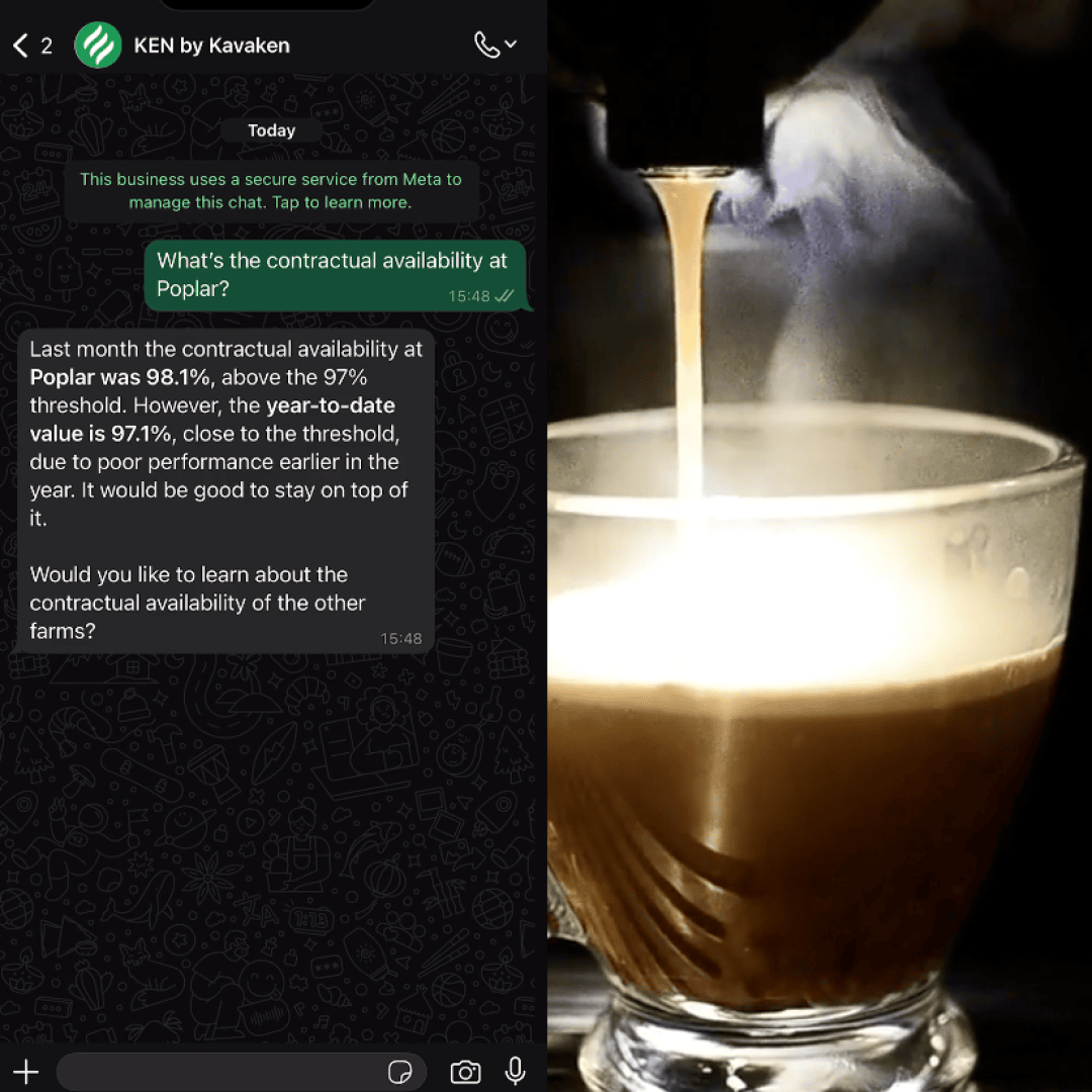 A WhatsApp chat discusses coffee farm data next to a close-up image of espresso pouring into a cup, with steaming milk forming a creamy layer on top.