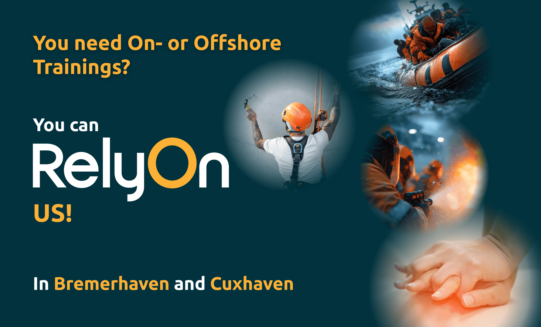 Eine Werbegrafik für Offshore-Schulungen mit dem Text: Sie benötigen On- oder Offshore-Schulungen? Sie können sich auf US verlassen! In Bremerhaven und Cuxhaven. Enthält Bilder von Arbeitern, einem Rettungsboot und Personen, die Erste Hilfe leisten.