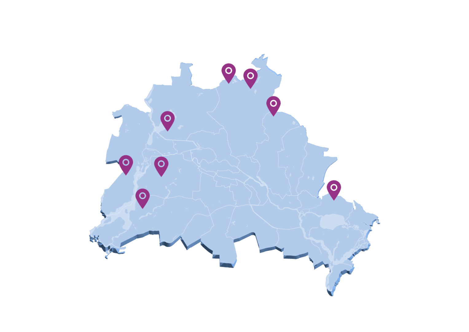 A light blue map with outlines of regions and seven purple location markers distributed across different areas. The locations are spread throughout the map, indicating various points of interest.