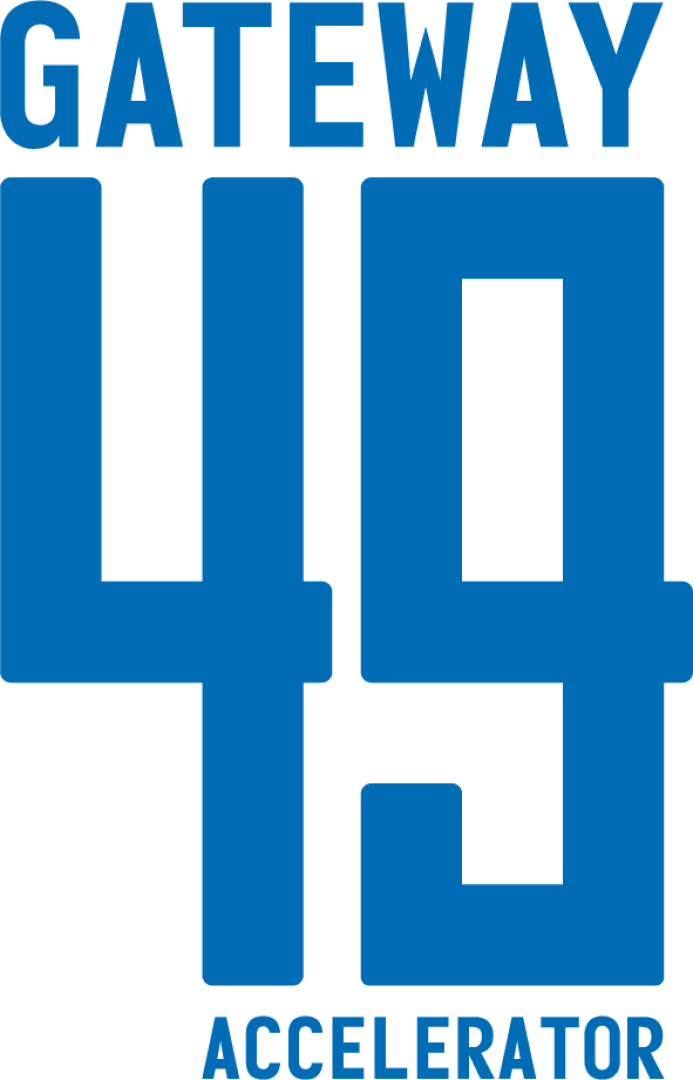 Blue text on a white background reads GATEWAY at the top, large stylized numbers 49 in the center, and ACCELERATOR at the bottom.