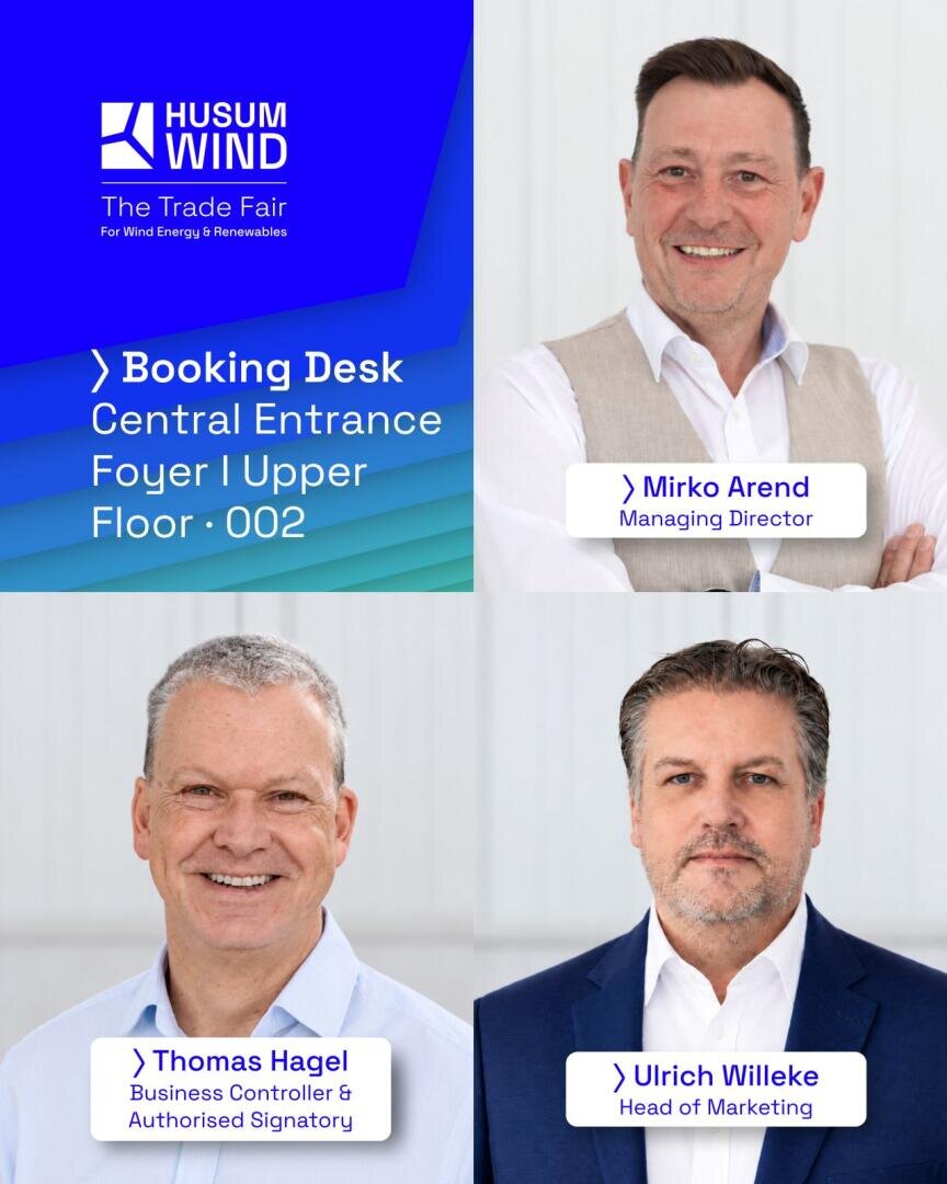 Auf dem Foto sind drei Männer mit ihren Namen und Funktionen zu sehen: Mirko Arend (Geschäftsführer), Thomas Hagel (Business Controller und Prokurist) sowie Ulrich Willeke (Leiter Marketing) der Messe Husum Wind.