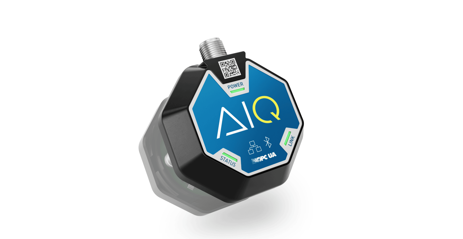 A black and blue hexagonal industrial sensor labeled AIQ with status and communication symbols, a QR code and a metallic connector on top, isolated on a white background.