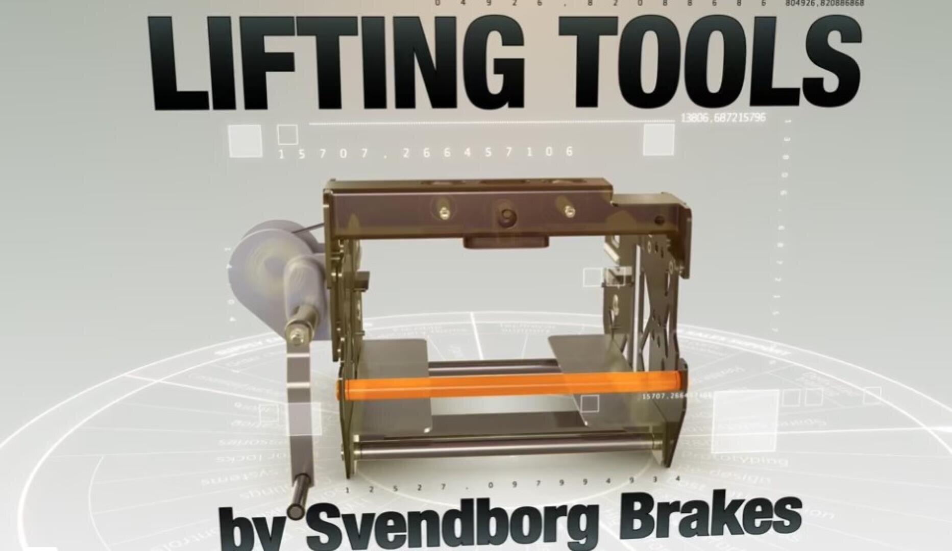 A metal lifting tool with an orange bar is displayed against a light background with technical graphics. The text reads Lifting Tools by Svendborg Brakes.