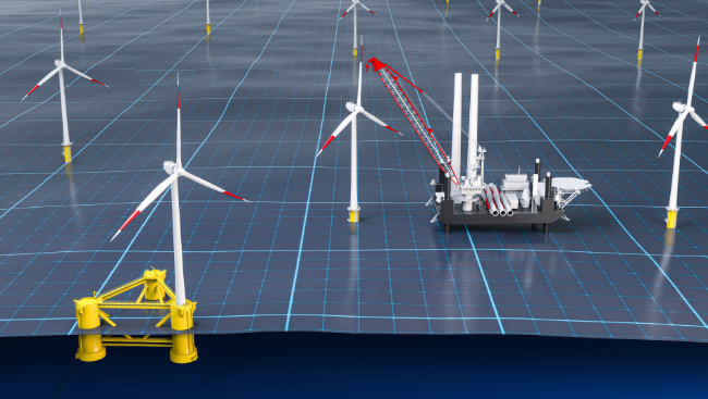 Illustration von Offshore-Windkraftanlagen im Meer, eine mit gelbem Schwimmkörper, andere am Meeresboden befestigt. Ein Kranschiff wartet eine Anlage. Die Rasterüberlagerung lässt auf ein digitales oder planerisches Konzept schließen.
