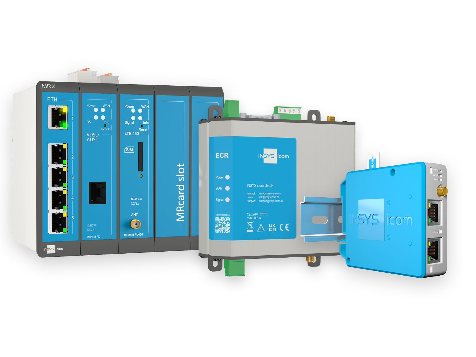 Three blue-gray industrial network devices with multiple Ethernet ports, indicator lights, and module slots, labeled INSYS icom. The devices are positioned at different angles on a white background.