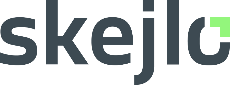 The word skejlo in bold, dark gray lowercase letters, with a small green square in the upper right corner of the o against a light gray background.