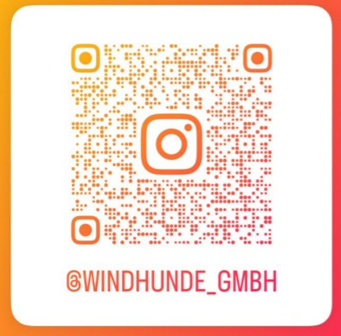 A QR code in orange and pink gradient colors with the Instagram logo in the center. Below the code, text reads @WINDHUNDE_GMBH on a white background with rounded corners.