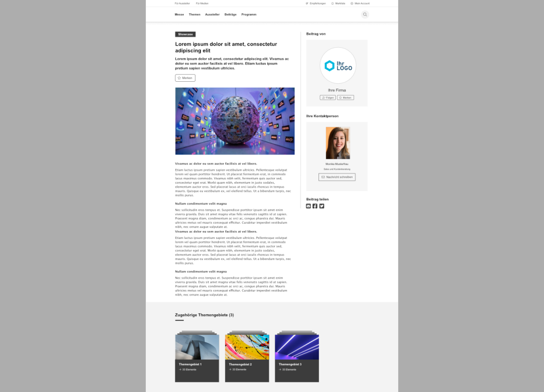 Eine Website-Artikelseite mit einem großen Kopfbild eines digitalen Globus, umgeben von schwebenden Bildern, Platzhaltertext, einem Autorenprofil, einem Firmenlogo, Social-Media-Links und verwandten Artikeln mit Miniaturbildern unten.