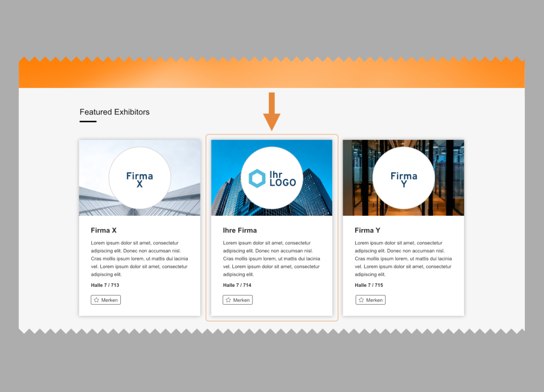 In a section of the website entitled "Featured Exhibitors", three company cards are displayed with logos, names and placeholder text. The middle card is highlighted with an orange frame and a down arrow above it.