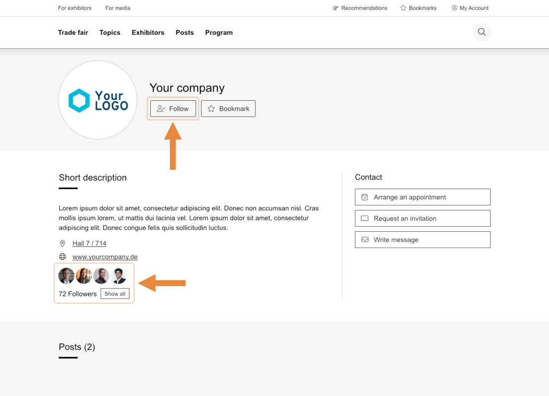 A business profile page shows a placeholder logo, Your company, buttons for Follow and Bookmark, a short description, a website link, and a highlighted box showing 72 Followers with profile photos. Orange arrows point to Follow and Followers.
