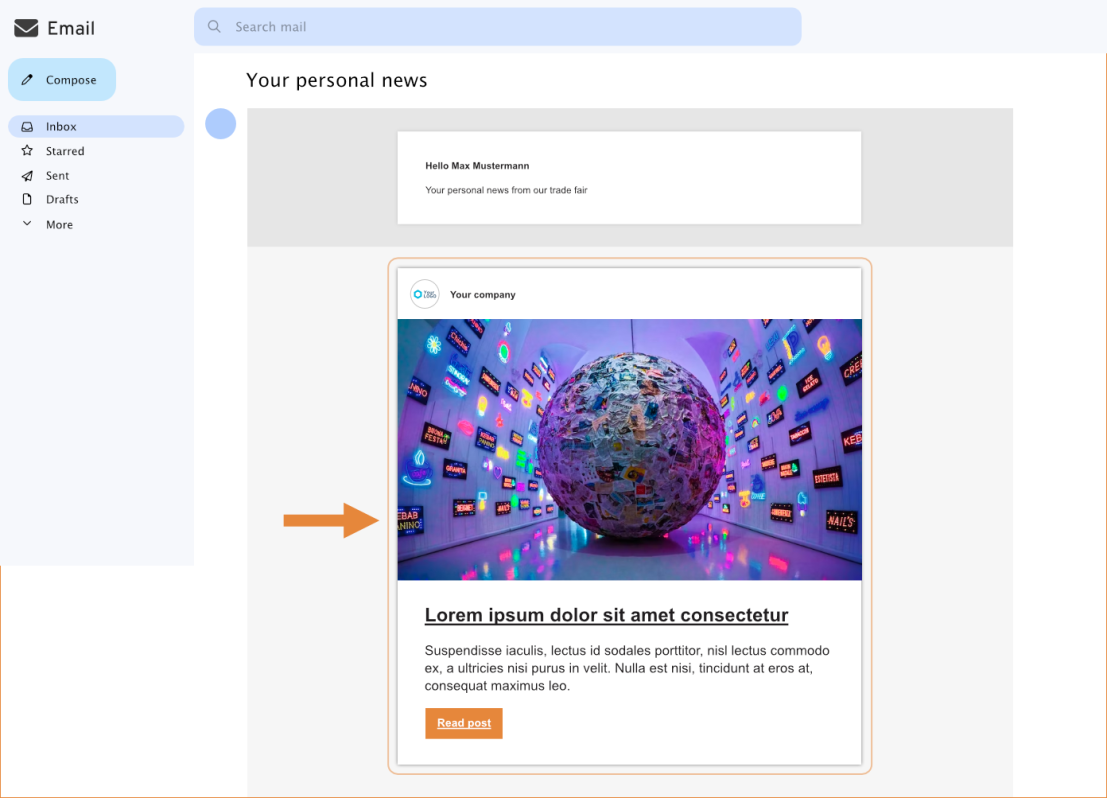 A webmail inbox interface showing a featured news section with a large photo of a colorful room and a globe covered in stickers. Buttons for Inbox, Starred, and Sent appear on the left sidebar.