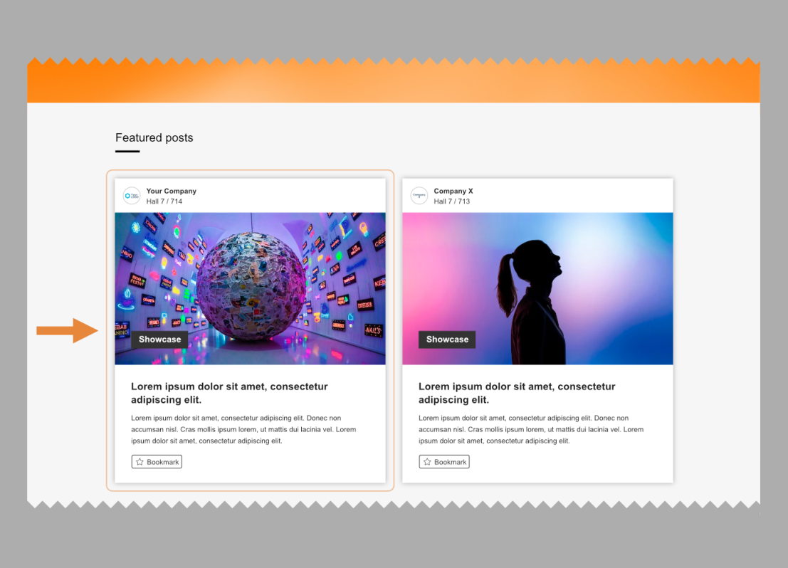 A web page section titled Featured posts displays two post cards. The left card shows a digital globe surrounded by colorful screens and is highlighted with an orange arrow. The right card features a person’s silhouette against a blue-purple background.