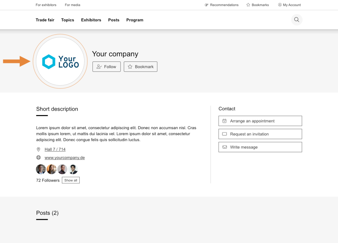 A company profile page with a blue and white hexagon logo on the left, labeled Your LOGO. To the right are company name, follow and bookmark buttons, a short description, and options to contact or write a message.
