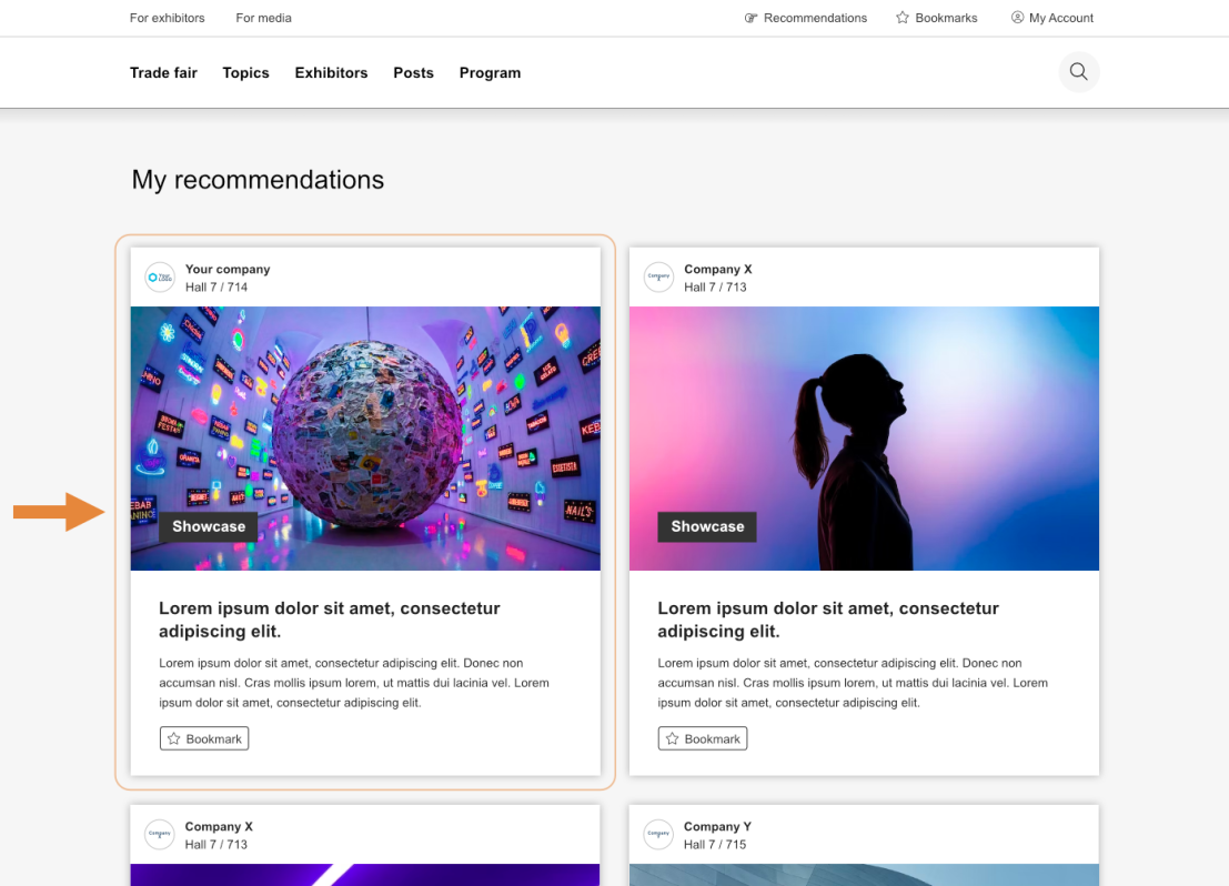 A webpage section titled My recommendations shows event cards. The left card features a large globe with digital screens and is highlighted with an orange border and arrow. The right card shows a silhouette of a person against colorful lights.