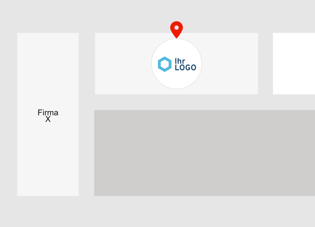 A simple map with labeled buildings; company X on the left, a building with your logo and a red location pin at the top center and a large gray building at the bottom right.