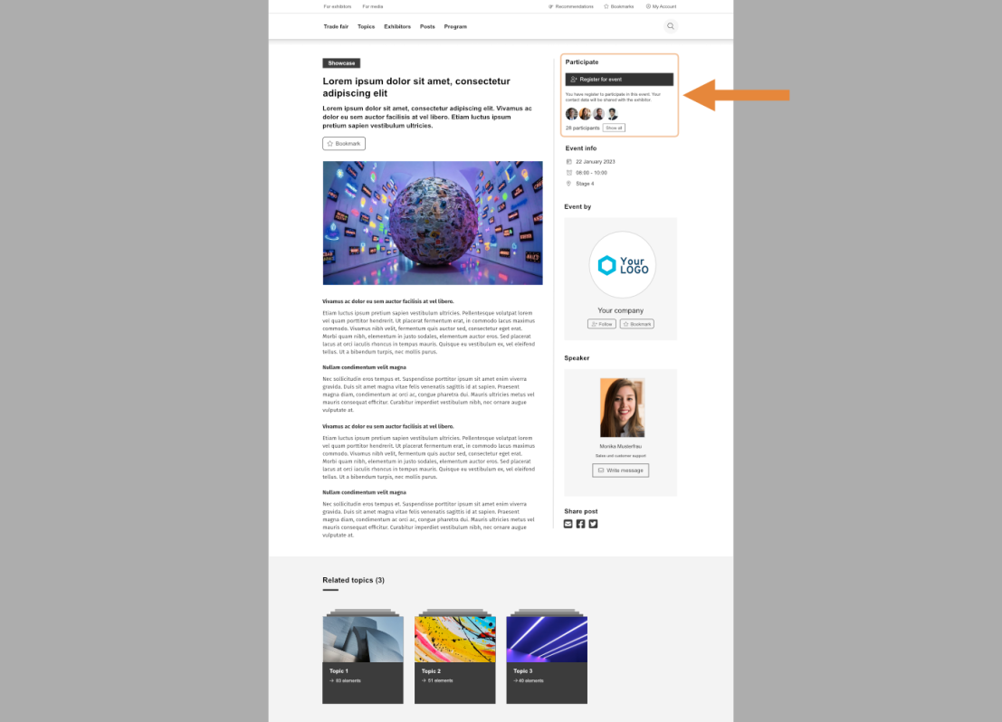 Webpage showing an article with a globe surrounded by floating images, sidebar with highlighted “Register for this session” button, attendee profile photos, and event details. An orange arrow points to the registration button.