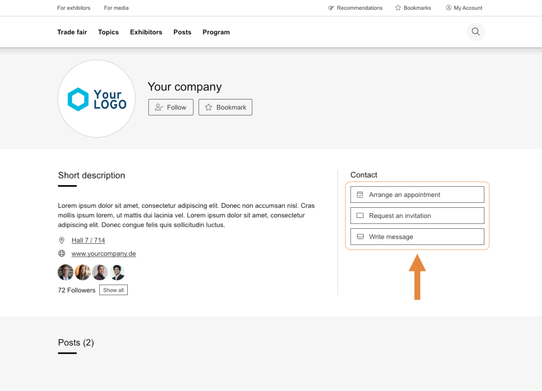 A company profile webpage displays a logo, brief description, contact options, and team members. An orange arrow points to a Write message button in the contact section on the right side.