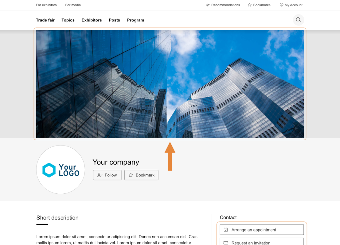 A computer screen displays a business webpage template featuring a banner image of modern glass skyscrapers, a placeholder for a company logo, and sections for company details and description.