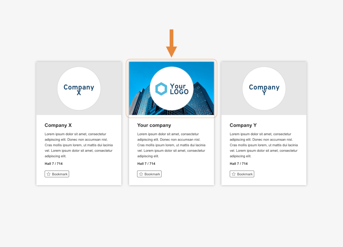 Three company profile cards with placeholder logos. The center card is highlighted with an orange arrow above it and displays a blue background logo labeled Your Logo. The other two cards are dimmed.