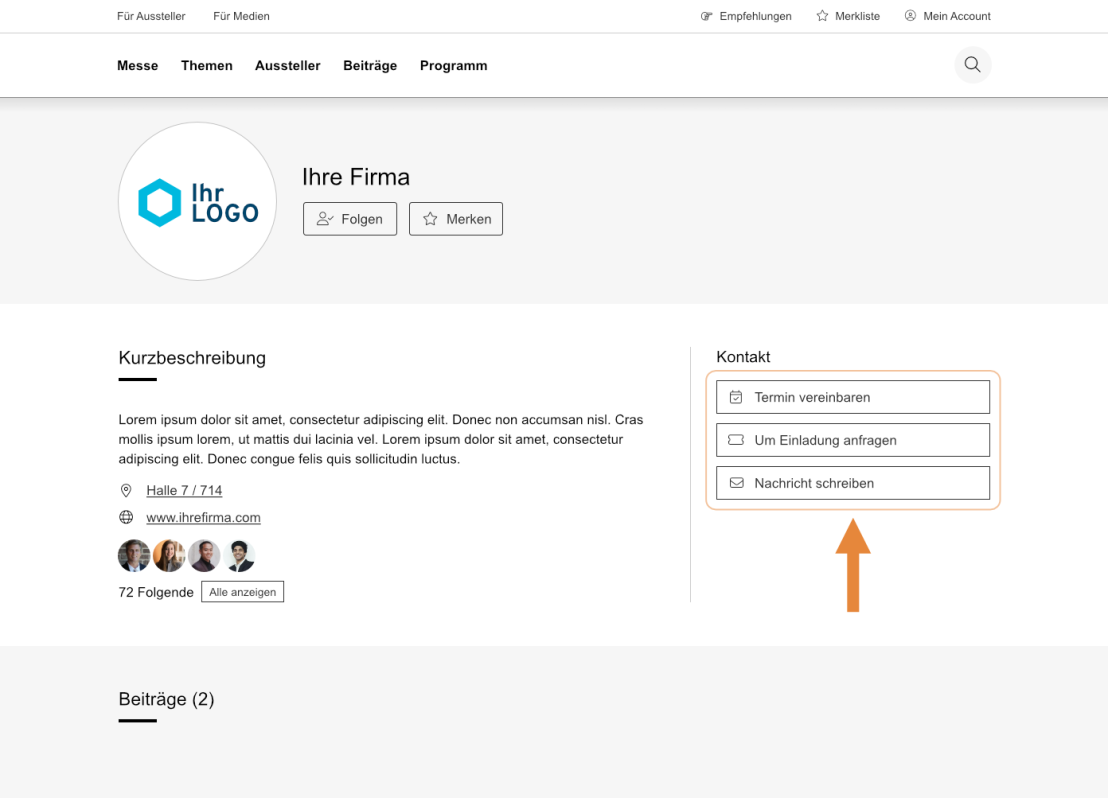 Screenshot einer Unternehmensprofilseite mit blauem Logo, Firmenname, Kurzbeschreibung, Kontaktschaltflächen und einem Pfeil, der auf die Schaltfläche "Nachricht schreiben" auf der rechten Seite zeigt.